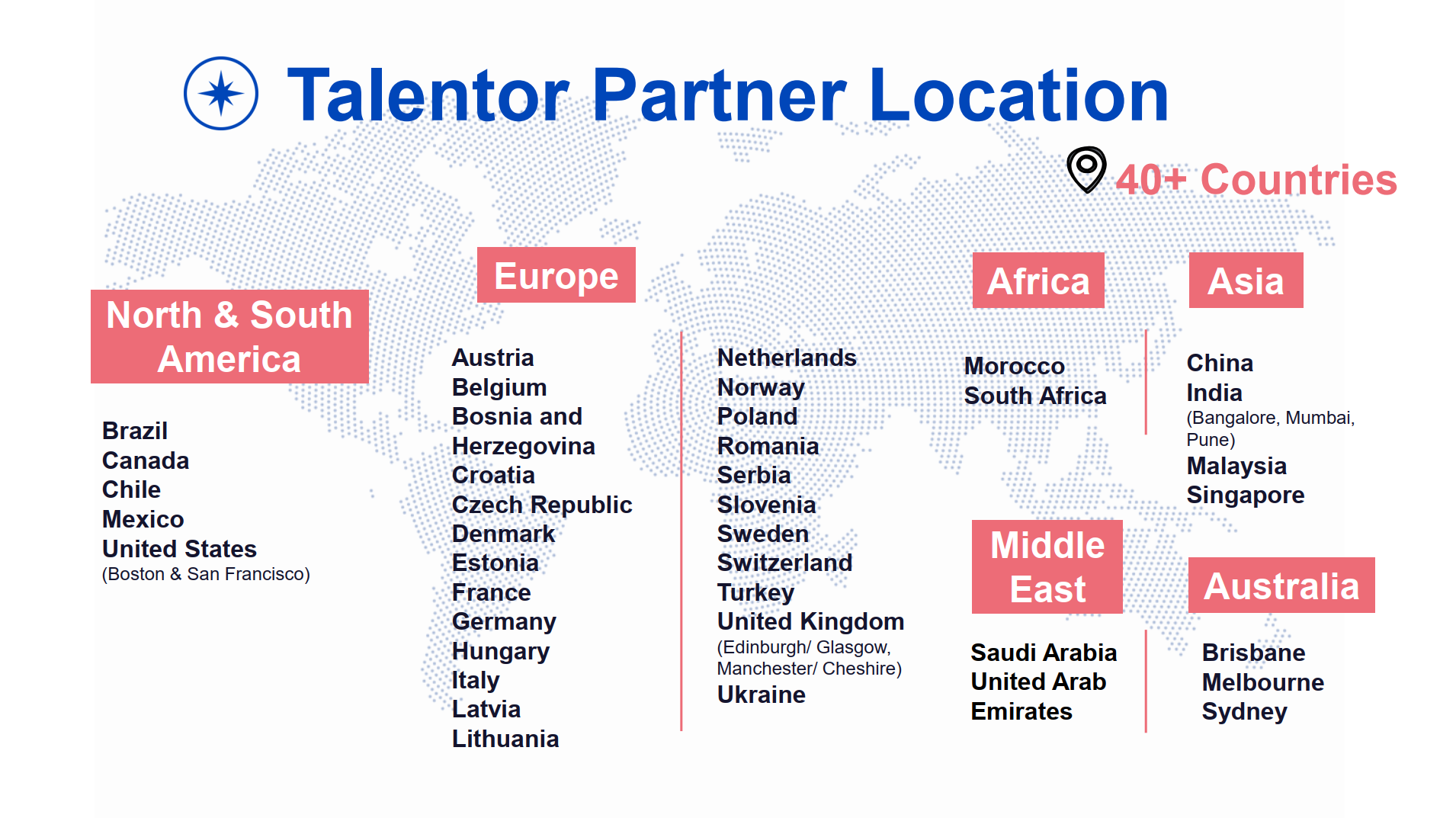Map of the Talentor International network - over 30 countries and 50 partner offices